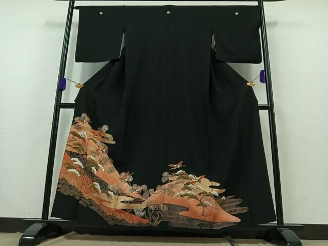 平和屋着物▽豪華黒留袖 単衣 駒刺繍 飛鶴風景松文 金糸 金彩 正絹 AABB3591jh