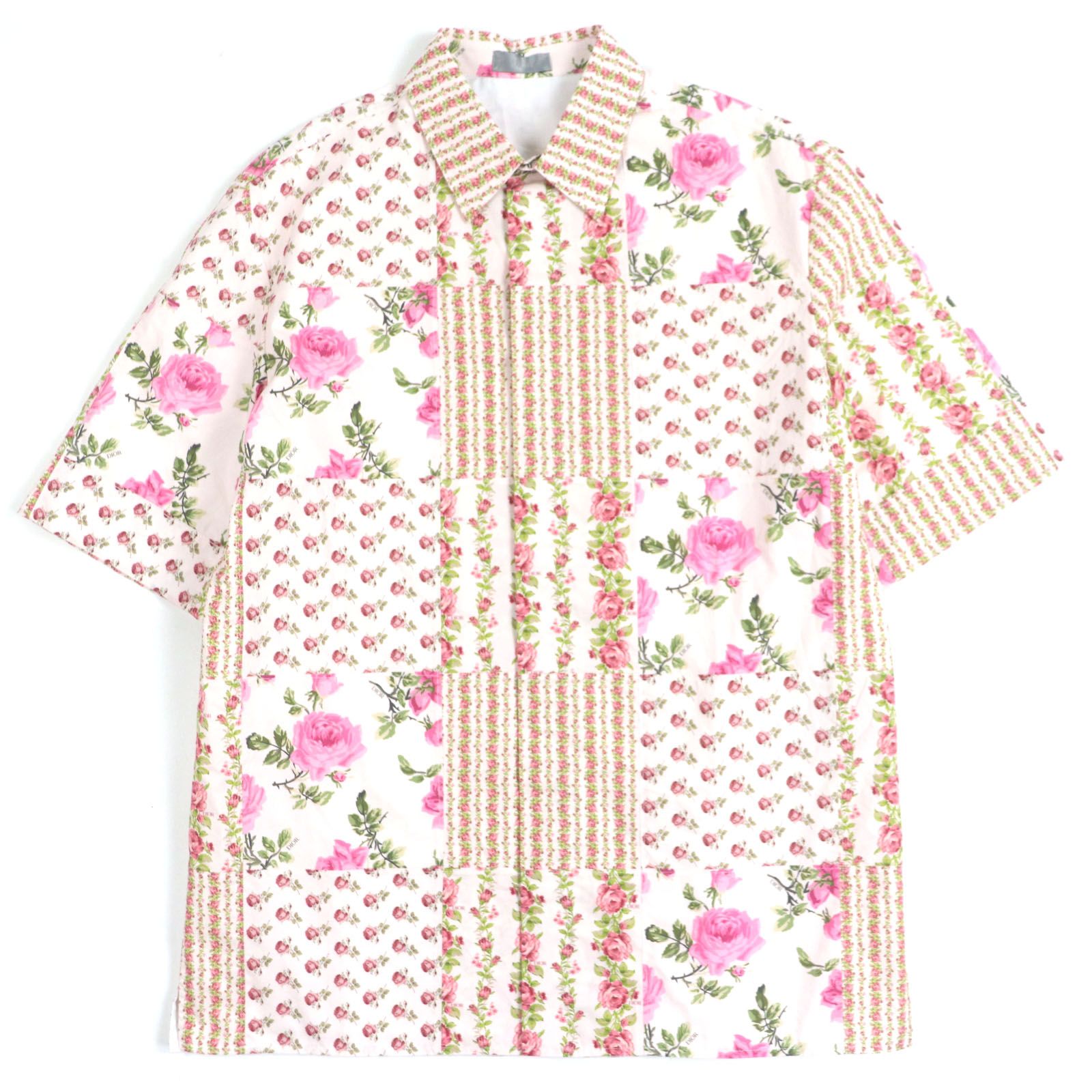 DIOR ディオール オム 293C517A5679 コットン フローラルプリント 比翼仕立て ショートスリーブ 半袖シャツ ピンク 38 イタリア製 正規品 メンズ