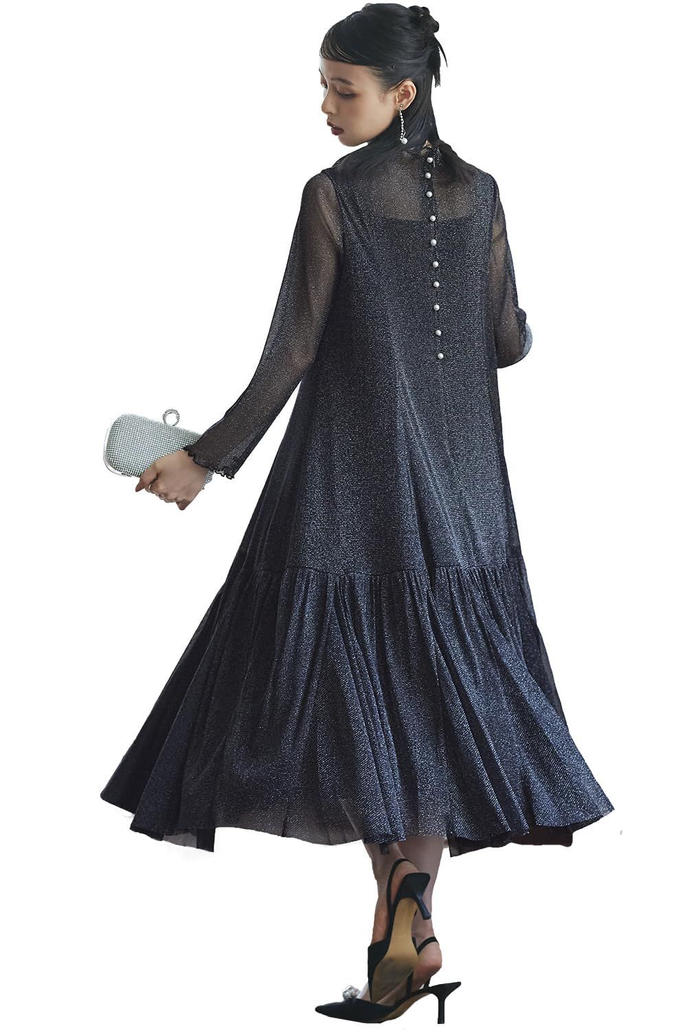 Size S_Color ブラック BL ルイ ルエ ブティック ラメ チュール メロウ ワンピース ドレス レディース ミセス ママ フォーマル 体型カバー パール 大きいサイズ 結婚式 ロング パーティ パーティー パーティドレス パーティードレス