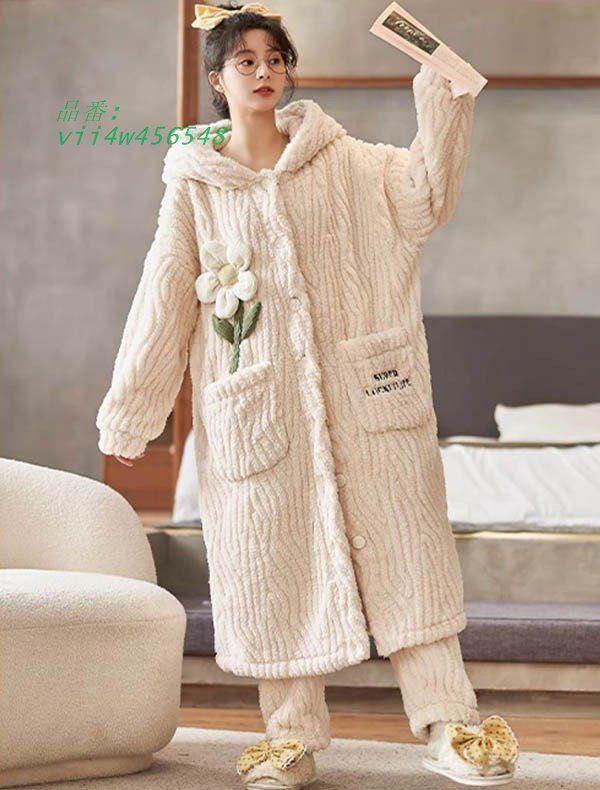 お花 ナイトガウン レディース もこもこ ルームウェア パジャマ 前開き 寝巻き 着る毛布 長袖 暖かい 冬 部屋着 vii4w456548 DECORATOM_COM_BR