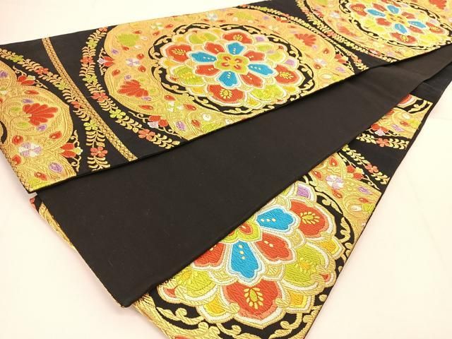 平和屋着物◎六通柄袋帯 唐織 正倉院花文 黒地 金銀糸 正絹 逸品