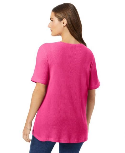 送料無料 ウーマン ウィズイン レディース シャツ トップス Plus Size Within Waffle Thermal Satin Trim Tee Raspberry sorbet