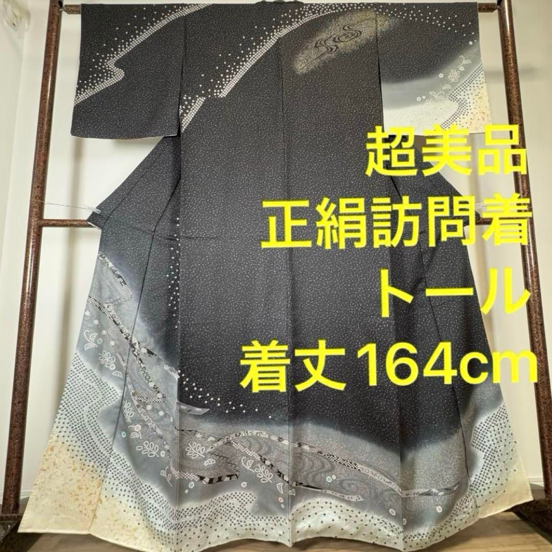超 正絹 袷 現代 訪問着 着物 黒 絞り トールサイズ 164