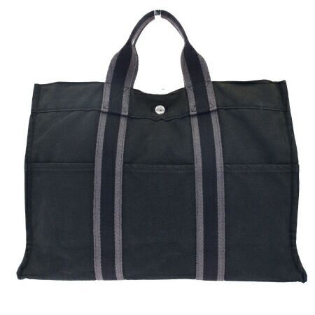 【中古】 エルメス HERMES フールトゥ MM トートバッグ ハンドバッグ ブラック グレー キャンバス 07HC142