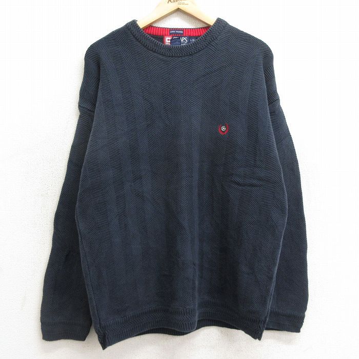 L/古着 ラルフローレン チャップス 長袖 ブランド セーター メンズ 90s ワンポイントロゴ ヘリンボーン 手織り コットン クルーネック 紺 