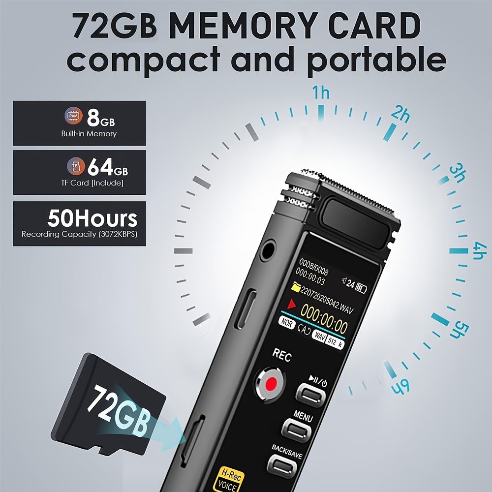 72GBのメモリ スマートノイズキャンセリングチップ トリボディマイク 7段階のノイズリダクション 1536kbpsのロスレス録音 ボイスアクティベーション 拡張 なTFカード 録音中の再生 3.5mmのヘッドフォンジャック 充電式リチウムポリマーバッテリ
