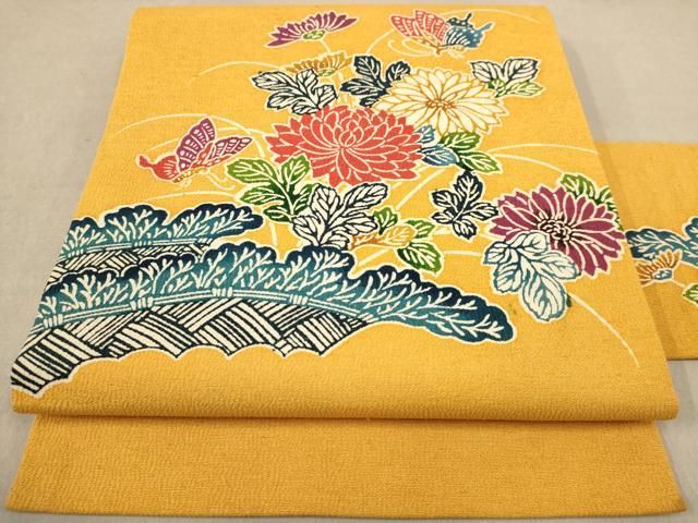 平和屋着物◎九寸名古屋帯 型染め 花蝶文 鬼しぼ縮緬 正絹 逸品