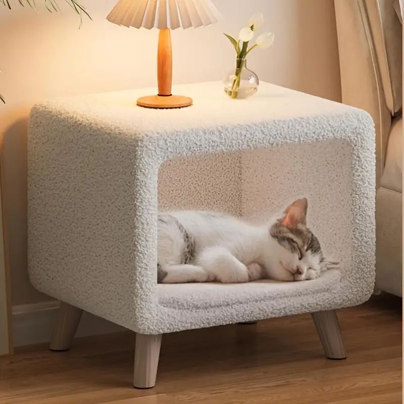 キャットハウス サイドテーブル 猫ハウス 猫ベッド クッション マット 半密閉 ペットハウス 室内用 ペットベッド もこもこ 猫の巣 ふわふわ 多機能 寝室 収納 小さめ かわいい おしゃれ 高品質 ホワイト グレー 通年 猫用 小型猫 中型猫 大型猫