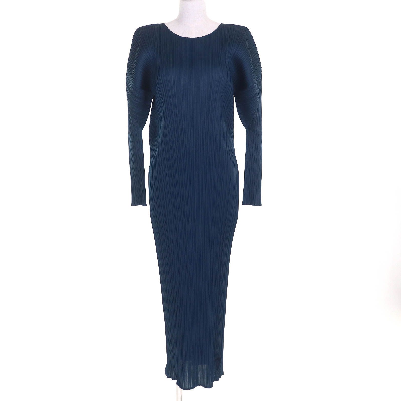△PLEATS PLEASE プリーツプリーズ イッセイミヤケ 22SS PP21-JH454 クルーネック 長袖 ロング ワンピース ネイビー 5 レディース