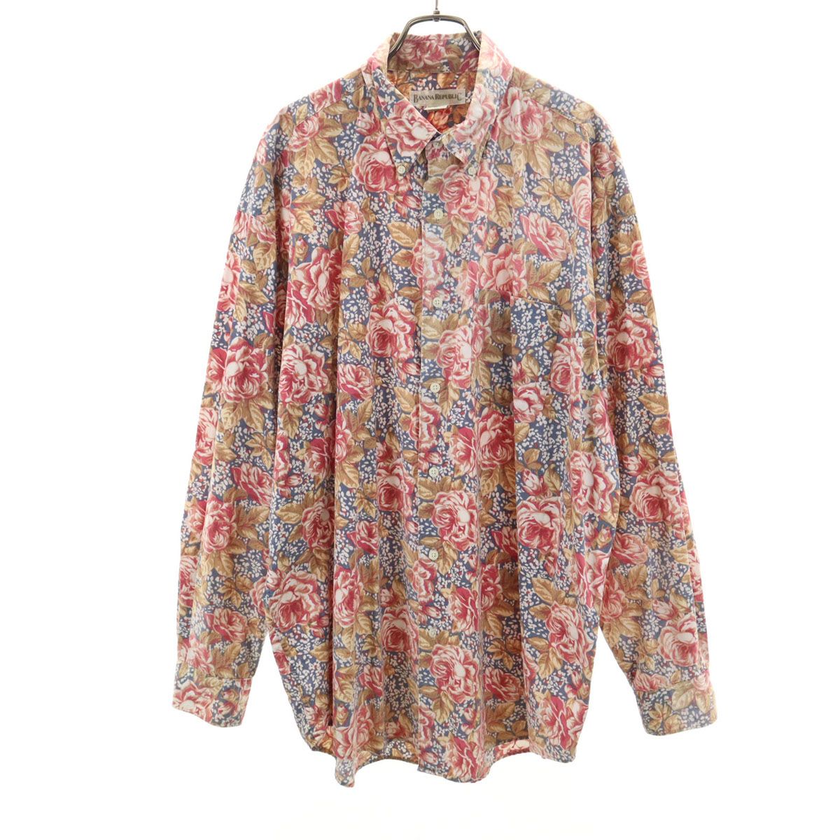 Banana Republic バナナリパブリック 80s 90s オールド 総柄 長袖 ハワイアン ボタンダウンシャツ XL レッド メンズ 古着