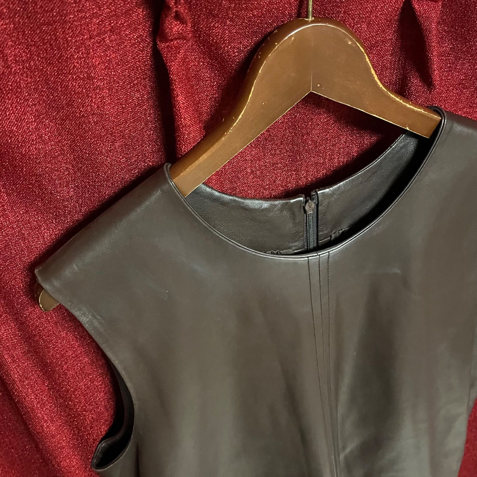 LOEWE / ロエベ レザー ワンピース 無地 ノースリーブ ロング丈 茶  