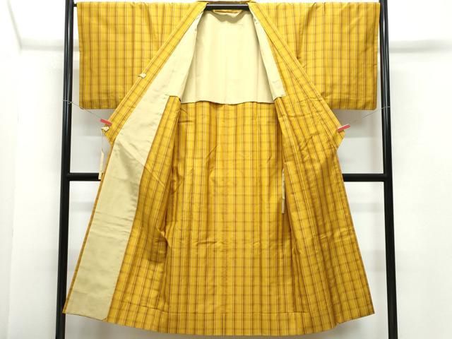 平和屋着物＃本場黄八丈 平織 紬 道中着 ロング丈 格子柄 正絹 CAAY2969vf