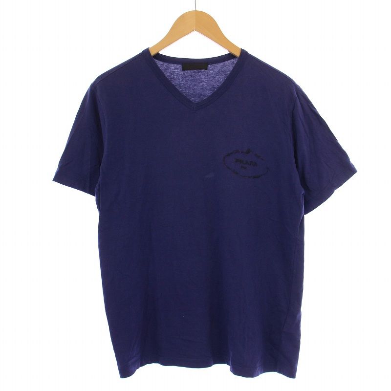 プラダ PRADA Tシャツ カットソー 半袖 Vネック ロゴ刺繍 L 紺 /BM