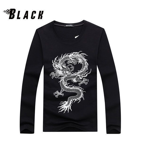 長袖Tシャツ クルーネック ロンT メンズ ドラゴン プリント 龍