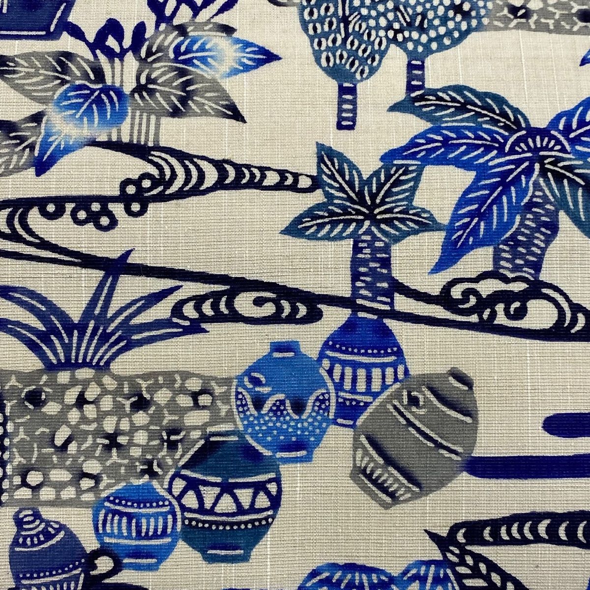 名古屋帯 本場琉球びんがた 野蚕紬 家屋 樹木 灰白 正絹