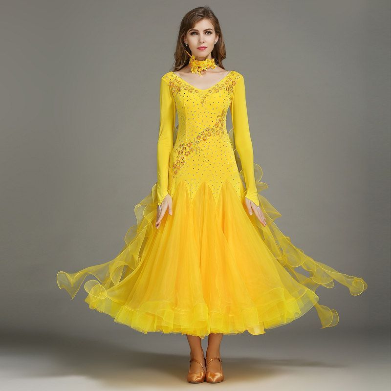 豪華モダンダンスドレス HB195 ロング丈 社交ダンス ワルツドレス 競技会用ドレス 発表会 衣装 華やかフリル スパンコール装飾 7色展開 パーティードレス 撮影用 ステージ衣装 コス