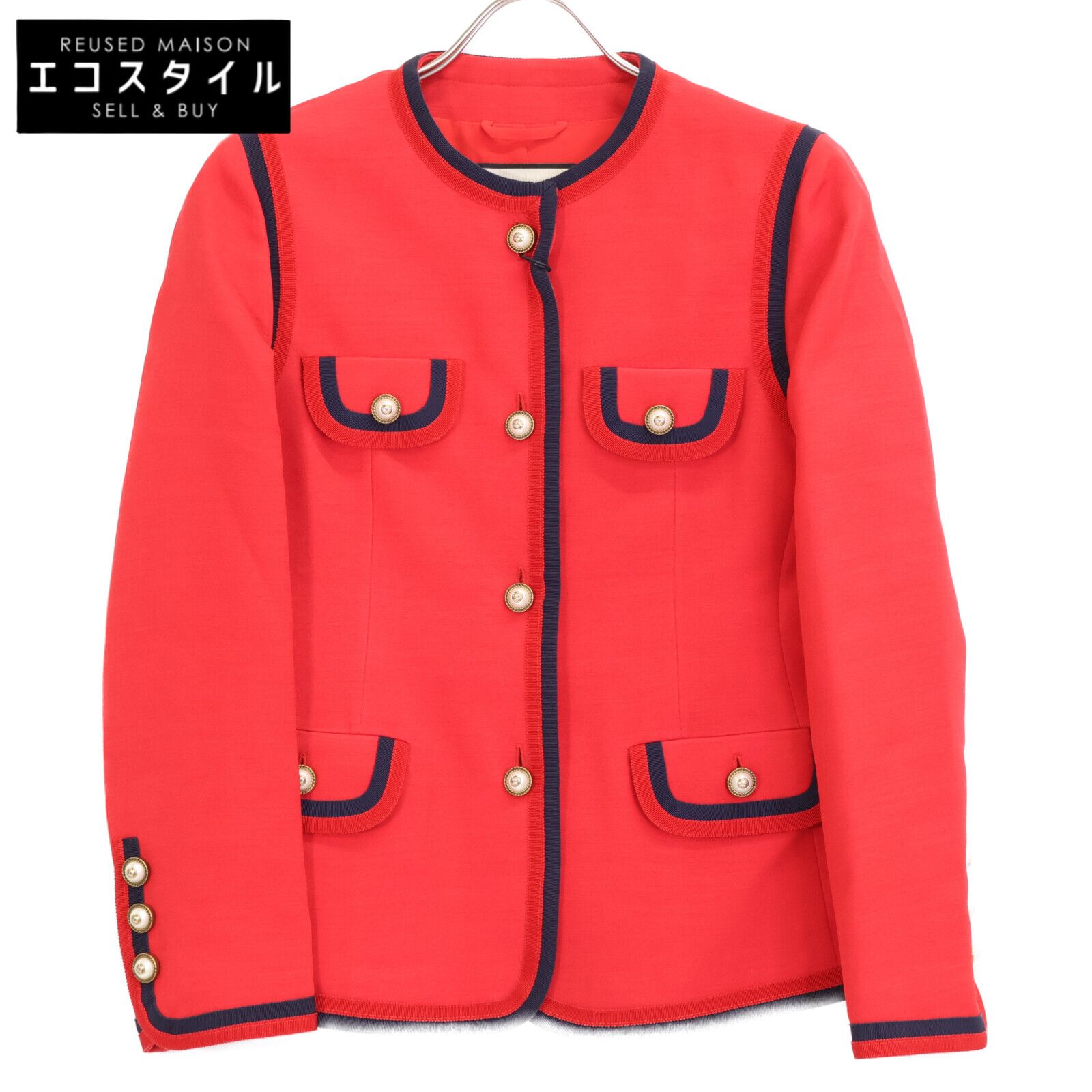 GUCCI グッチ 482665 17年 ﾚｯﾄﾞ ﾊﾟｰﾙﾎﾞﾀﾝﾉｰｶﾗｰｼﾞｬｹｯﾄ 38