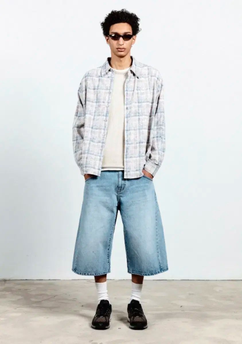 coor クアー マドラスチェック チェック オーバーサイズ シャツ カラー サーモンブルーグレー サイズ xl