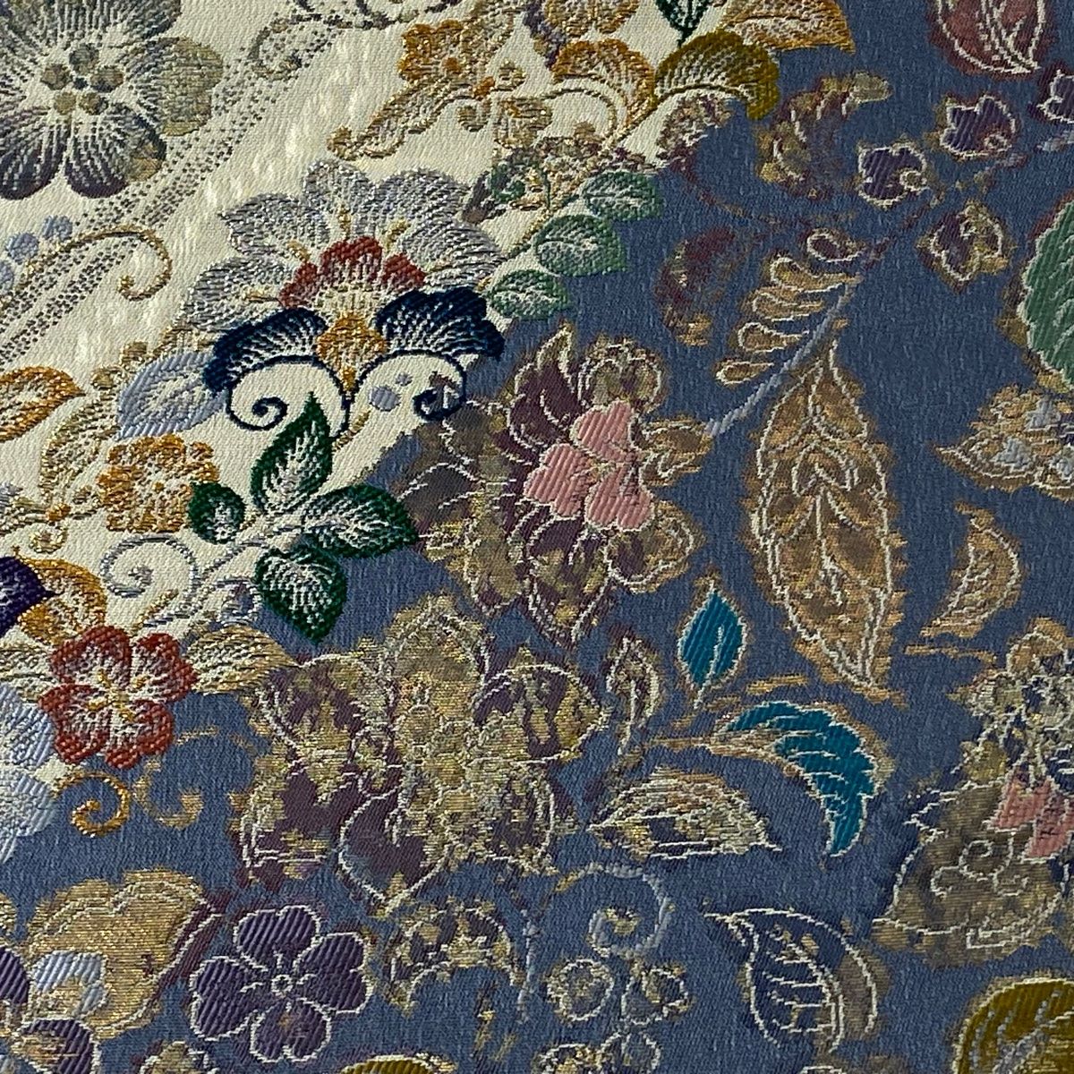 袋帯 美品 秀品 花唐草 斜縞 箔 青灰色 六通 正絹 【中古