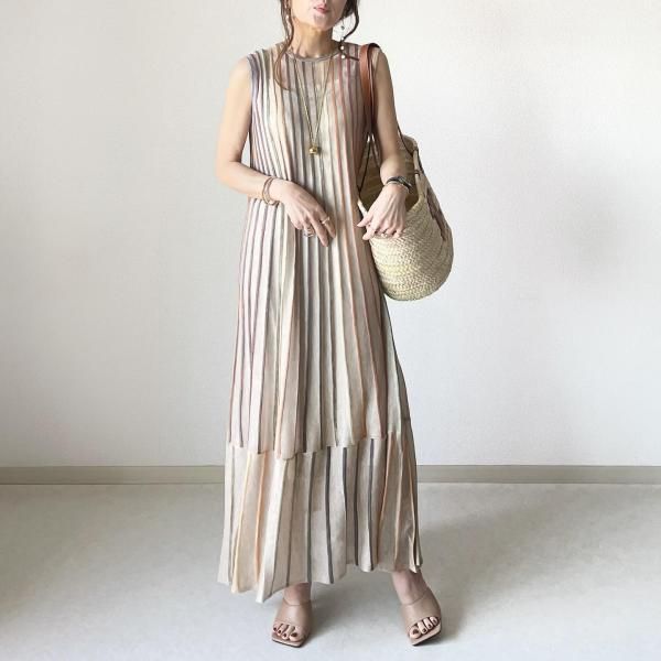 ワンピース 即 OK 夏 ストライプ ニット ノースリーブ クルーネック ジャカード ワンピース KdJc949