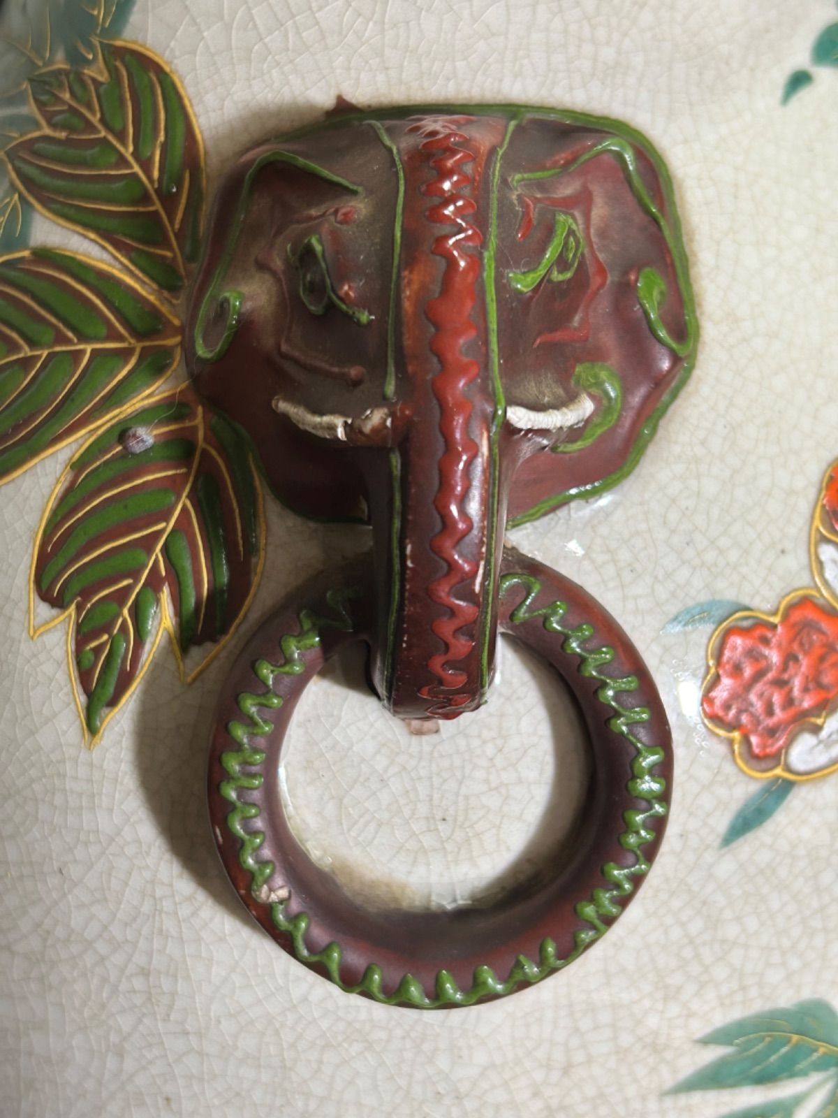 金彩色絵 牡丹図 肉厚 肉筆 双耳 象耳 薩摩焼 古薩摩 床