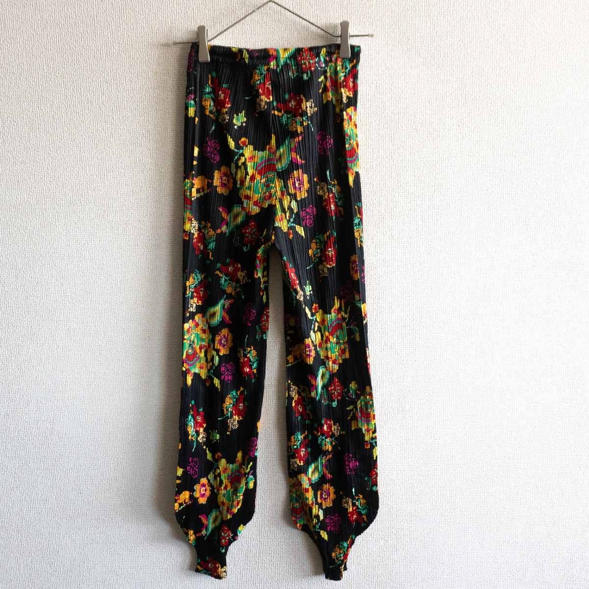 PLEATS PLEASE プリーツプリーズ　イッセイミヤケ　花柄パンツ　2 美品】PLEATS PLEASE【柄 プリーツ リブ パンツ】 プリーツプリーズ