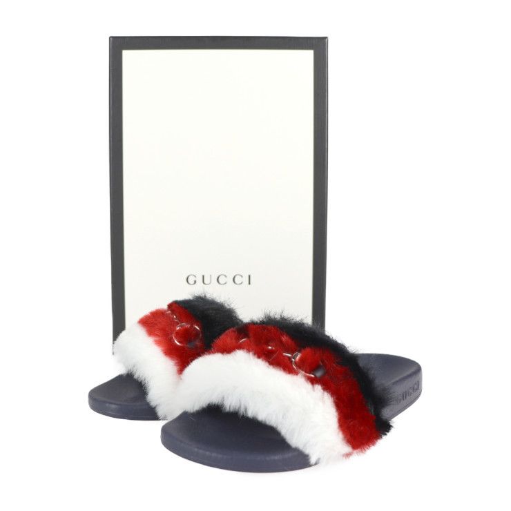 GUCCI グッチ サンダル 526176 ラバー フェイクファー トリコロール 