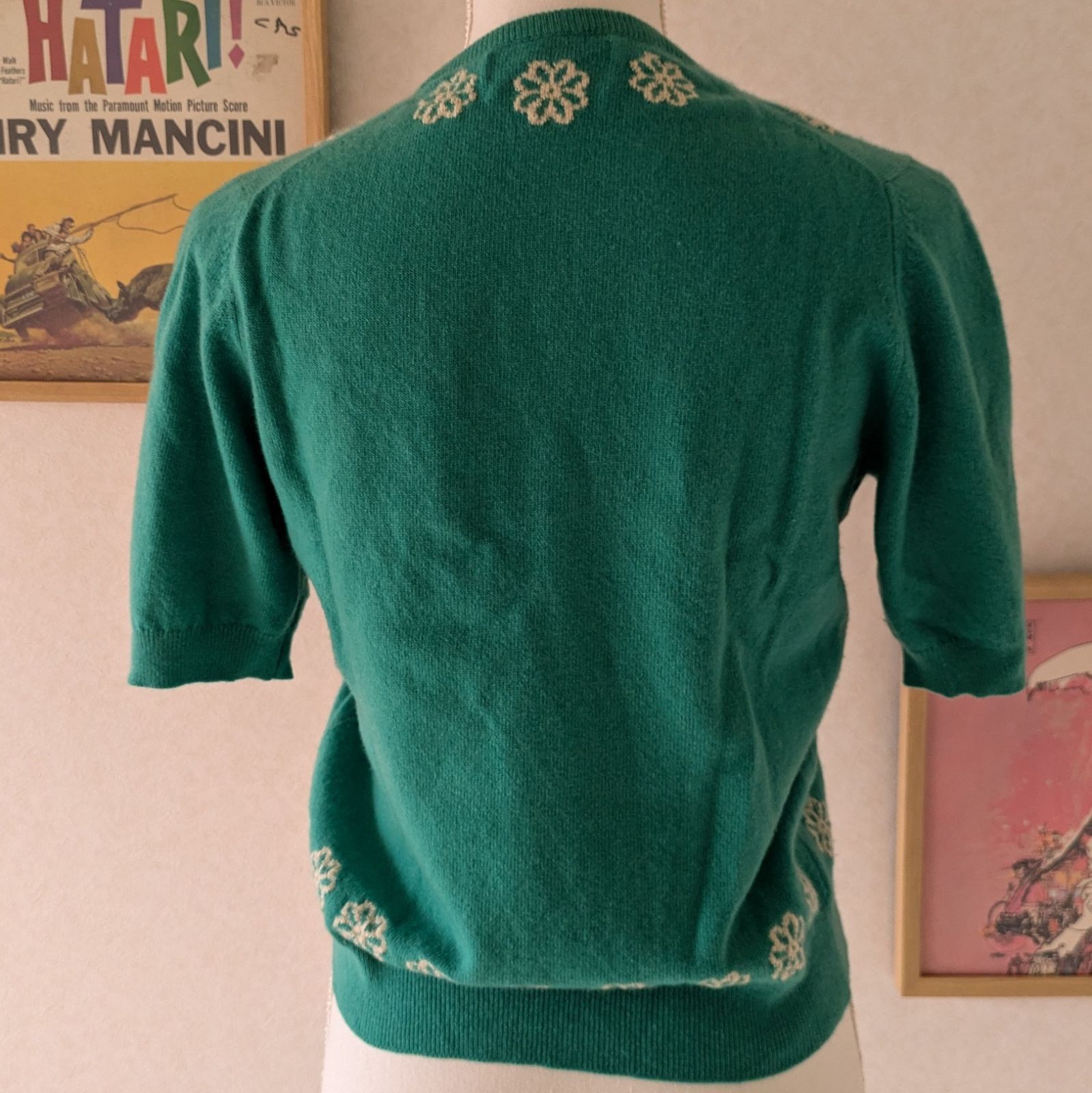 80s【BALLANTYNE】スコットランド製 花モチーフカシミヤ半袖ニット 