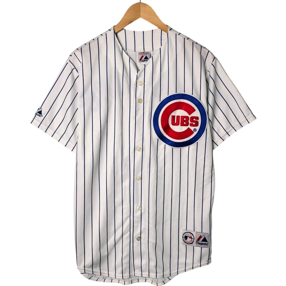 古着 majestic MLB CHICAGO CUBS シカゴカブス ストライプ柄 ゲームシャツ ベースボールシャツ メンズL相当/eaa530121