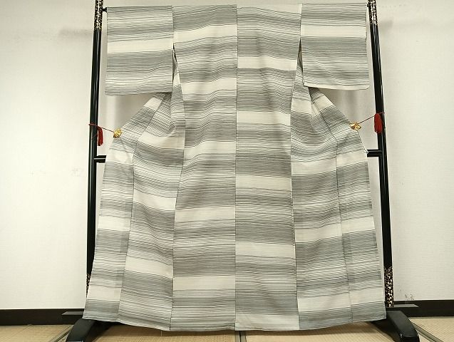 平和屋着物▽小紋 単衣 横縞 洗える着物 AABC0323fy