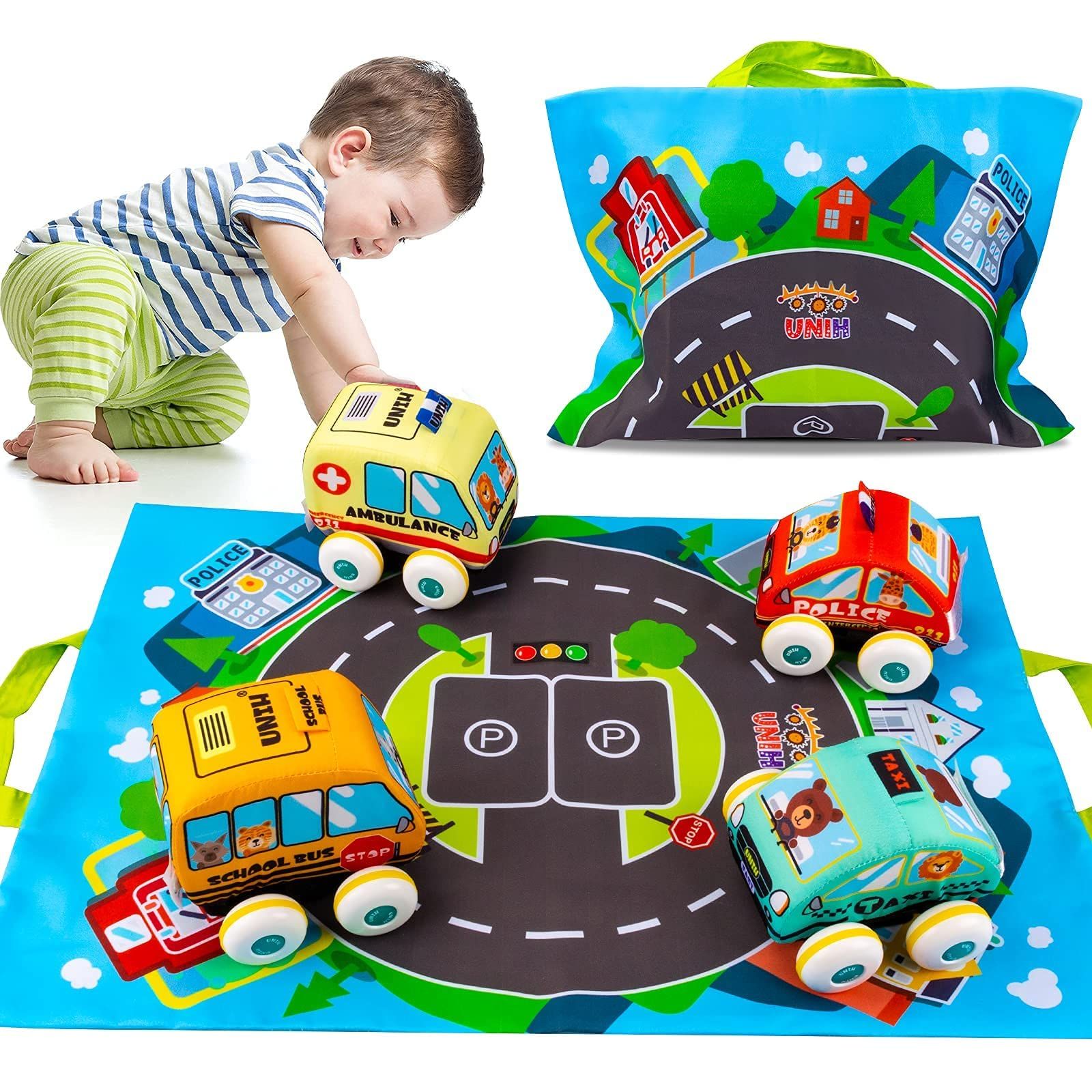 車のおもちゃ 1歳の男の子向け ソフトな赤ちゃん用おもちゃセット プルバック式の車のセット 誕生日のプレゼント 1?3歳の赤ちゃんに [4個。]