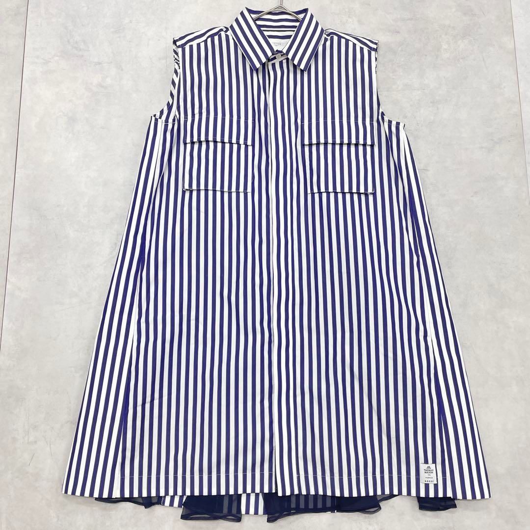 sacai サカイ 2025 シャツワンピース ノースリーブ 異素材 切替 ドッキング プリーツ ストライプ S コットン ネイビー