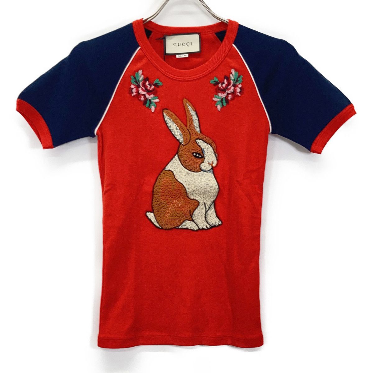 GUCCI グッチ 461423 ﾚｯﾄﾞ ﾗﾋﾞｯﾄ刺繍ｺｯﾄﾝｼﾞｬｰｼﾞｰTｼｬﾂ XS