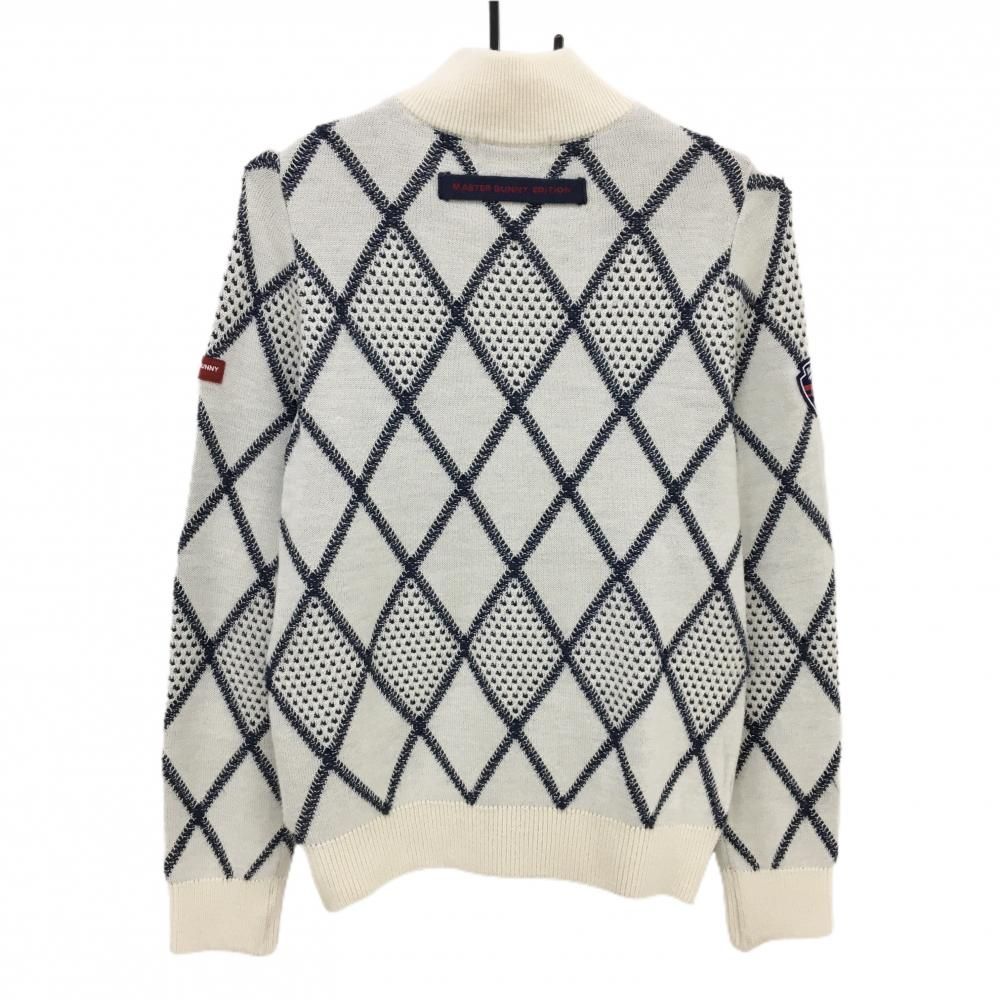 マスターバニー ニットジャケット 白×ネイビー ダイヤ柄 ウール混 レディース 1 M ゴルフウェア MASTER BUNNY EDITION