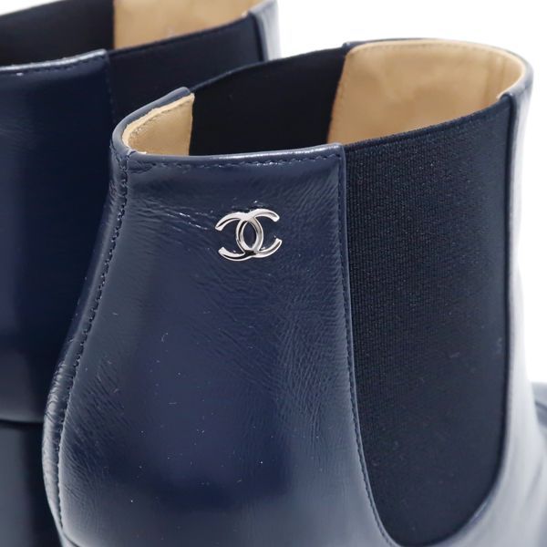 CHANEL ショートブーツ 36 サイドゴア レザー 紺 ネイビー 美品