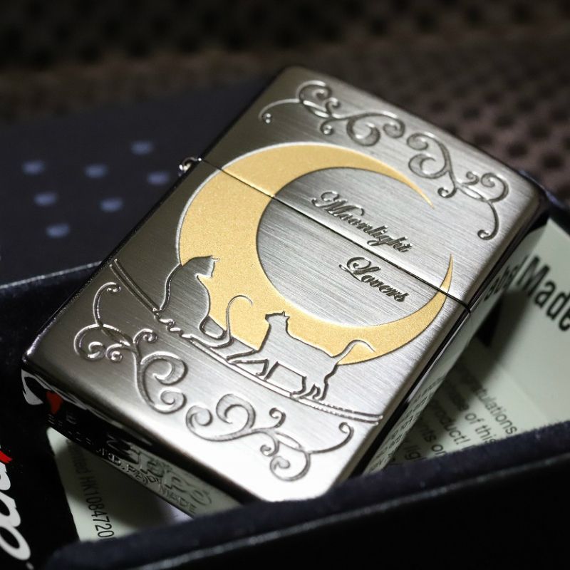 ZIPPO 月と猫 サテンブラック かわいい ネコジッポ ライター キャット ムーン 人気 かっこいい プレゼント ジッポ ライター 猫ジッポ 猫ライター ネコ ジッポー ムーンライト