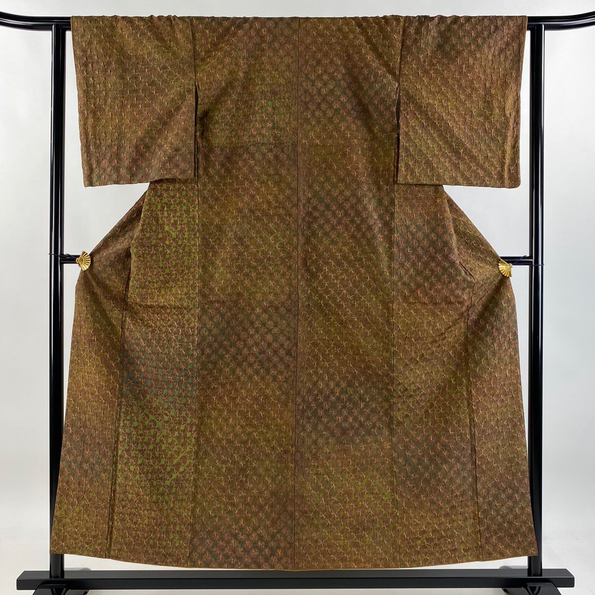 小紋 身丈155cm 裄丈62.5cm S 袷 縞 手蜘蛛絞り 茶色 正絹 秀品