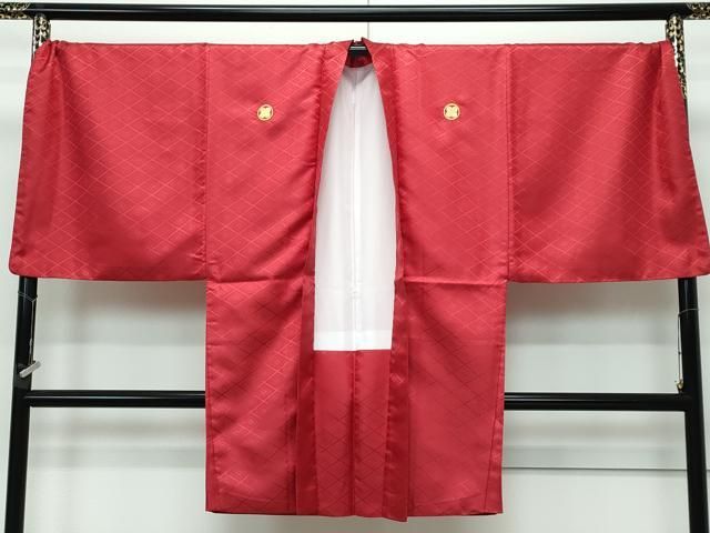 平和屋着物□極上 男性 色無地 紋付き羽織セット キングサイズ 紅海老