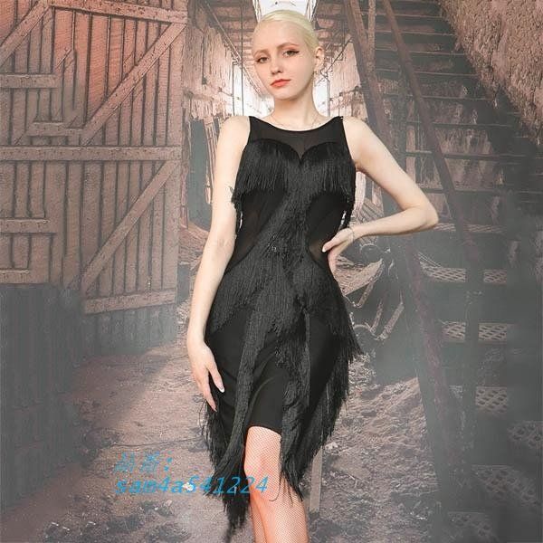 社交ダンスドレス ダンスウェア ノースリーブ フリンジ スリット ラテンドレス パンツ付き 練習着 ワンピース パッド付き am4a541224