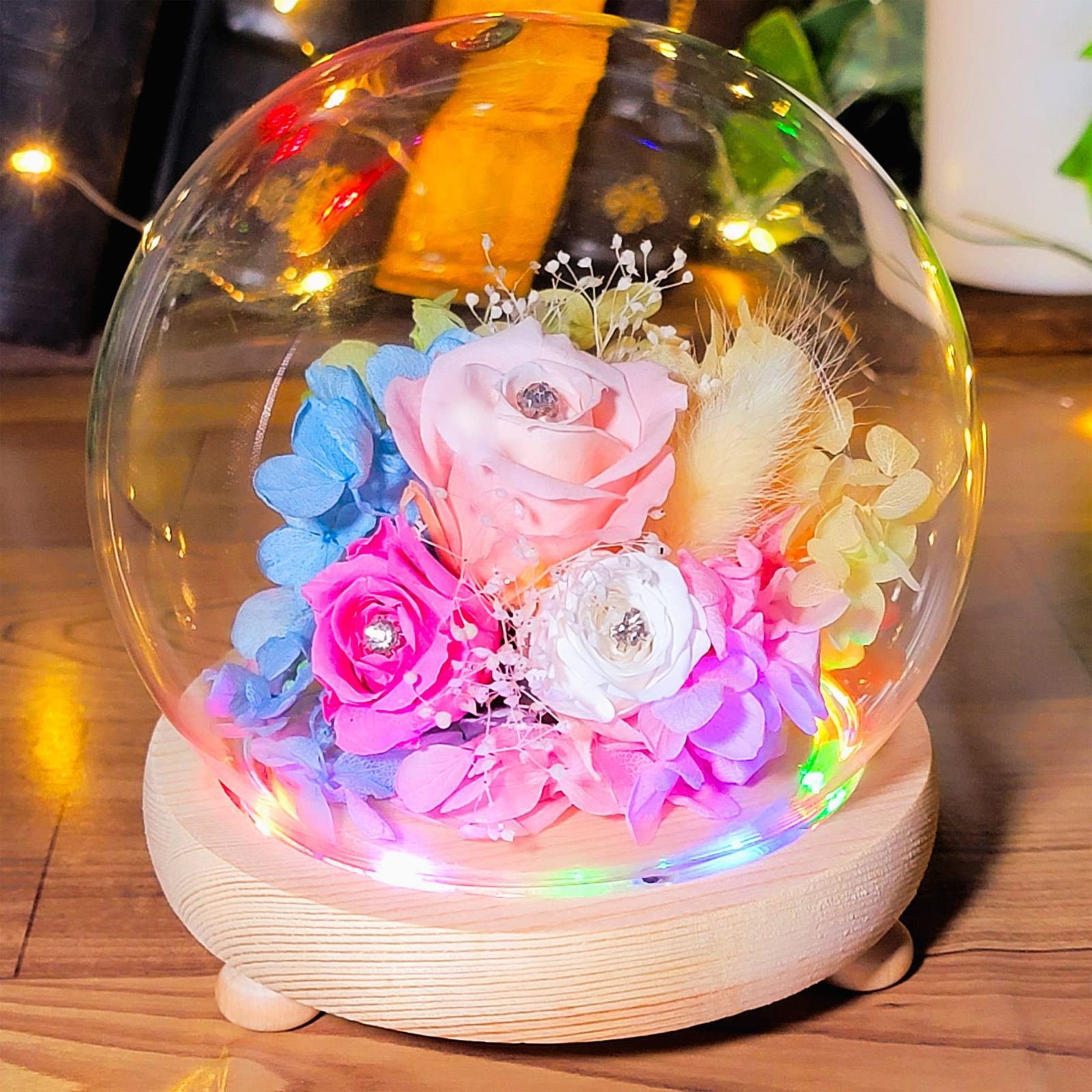 【本物新品保証】 在庫処分】フラワー ガラスドーム ギフト 母の日 LEDライト付 プリザーブドフラワーアレンジメント