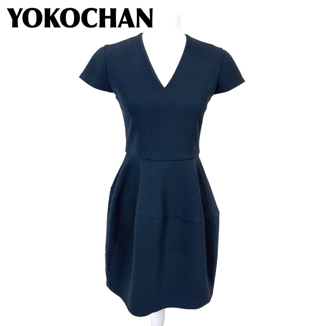 YOKOCHAN 半袖ワンピース Vネック フ 38 ネイビー