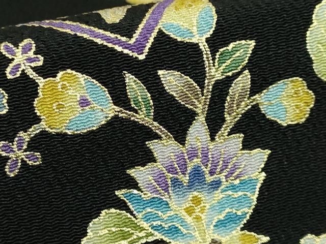 平和屋本店□極上 岡重謹製 OKAJIMA 九寸名古屋帯 更紗花文 黒地 金彩