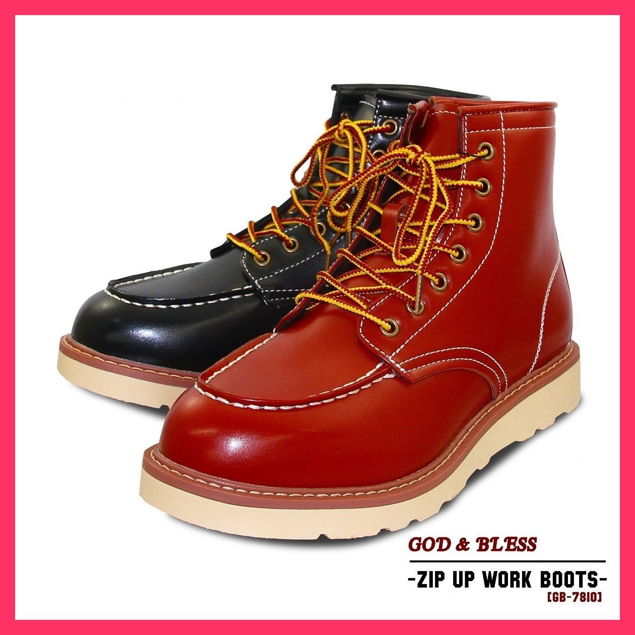 【GODu0026BLESS】　ワークブーツ　ブラック・レッドブラウンブーツ BIGサイ 【GODu0026BLESS】ベーシックモカシンワークブーツ・アメ サイズ(CM)：22.5・23.0 おすすめ おしゃれ　人気　上品 GB-7810