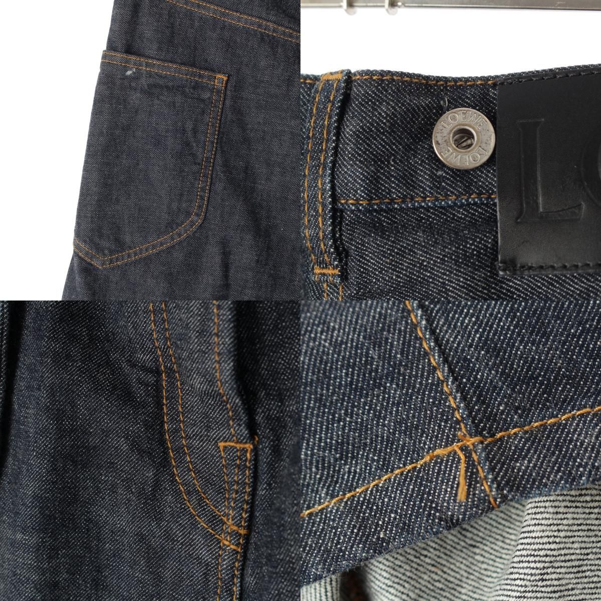 ロエベ コットン デニム カーフレザー ハイウエスト パンツ ボトムス  