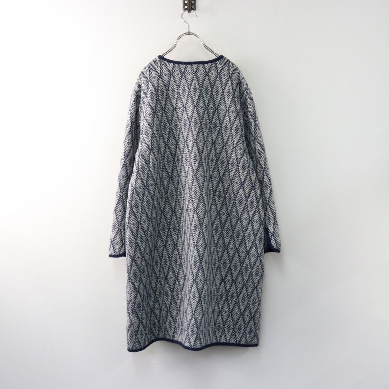 美品『リゼッタLisette』クラウス ノーカラーコート 総柄 キルティング リゼッタ Lisette クラリス ウールノーカラーコート/ネイビー 中綿