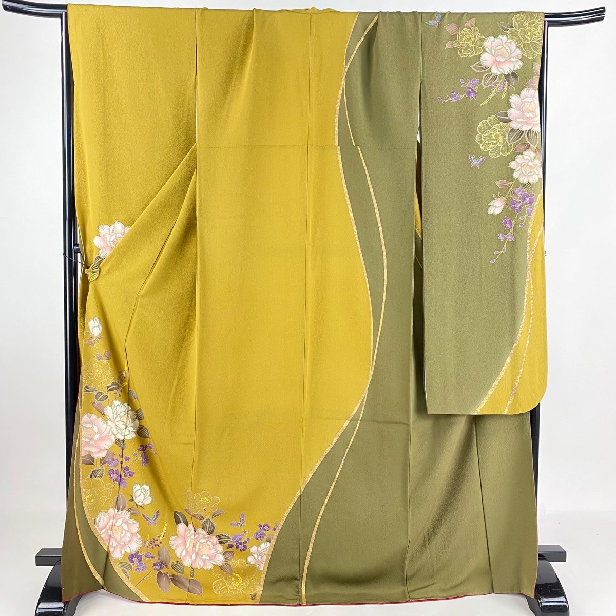 振袖 身丈171.5cm 裄丈70cm L 袷 花 蝶 金彩 箔 からし色 正絹 名品
