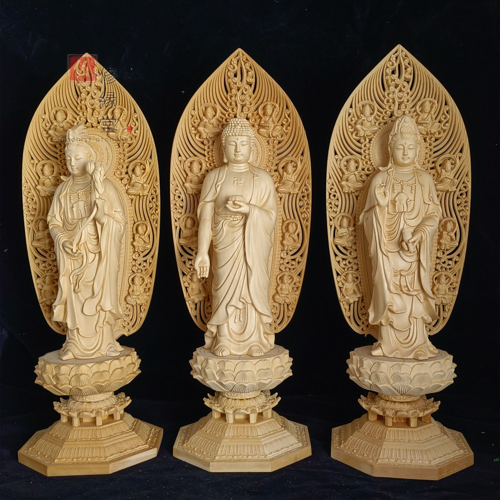 修縁堂】最高級 木彫り 仏像 阿弥陀三尊 彫刻 一刀彫 天然木檜材 仏教
