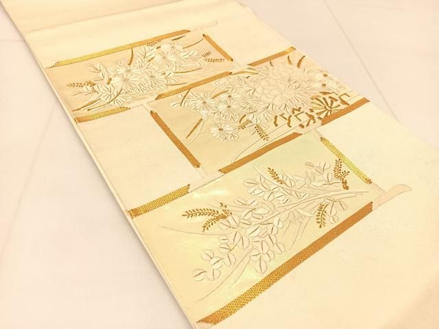平和屋着物◎太鼓柄袋帯 総刺繍 駒刺繍 花車文 金糸 正絹 逸品  