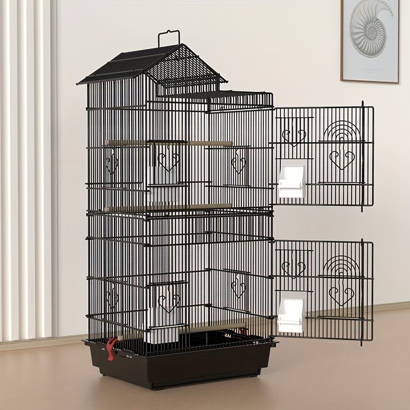 頑丈な黒い金属製鳥かご 屋根付き - すべての鳥種に最適 必須の鳥用品