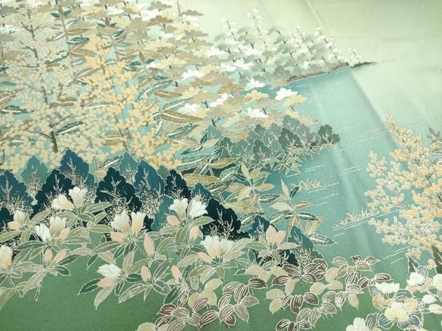 平和屋着物○訪問着 水辺風景花文 暈し染め 金銀彩 正絹 逸品